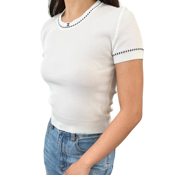 CHANEL Vintage 96P CC Rib Knit Top #38 Stitch Pullover White Black [105220] - Picture 2 of 10